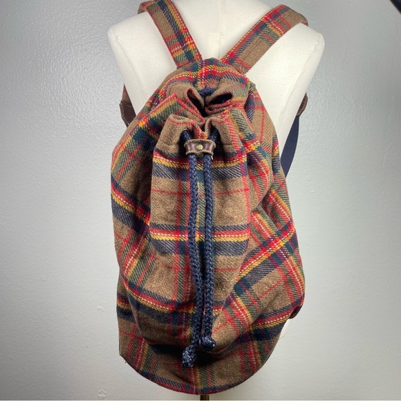 GAP Handbags - VINTAGE 90s GAP Mt. Whistler Brown Tartan Plaid Drawstring Wool Bucket Backpack